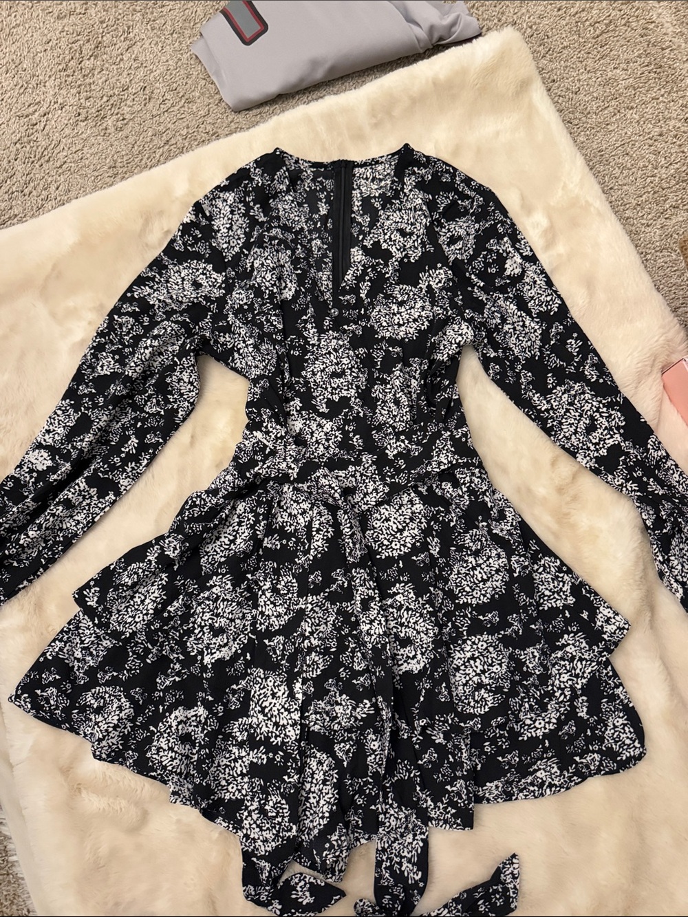 Black Floral Long-Sleeve Mini Dress